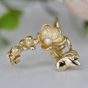 The Butterfly and the Ladybug Ear Cuff Gold Victorian Pearls Ear Climber Grecian Elven Fairy Jewelry Boho Bohemian Hand Made Bridal Earrings