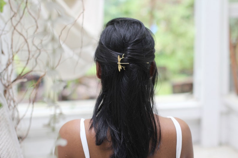 Dragonfly Hair Prong Gold Hair Stick Rose Leaves Gold Insects Accessory Nature Inspired Hair Fork Silver Hair Pin Whimsical Woodland Fairy image 8