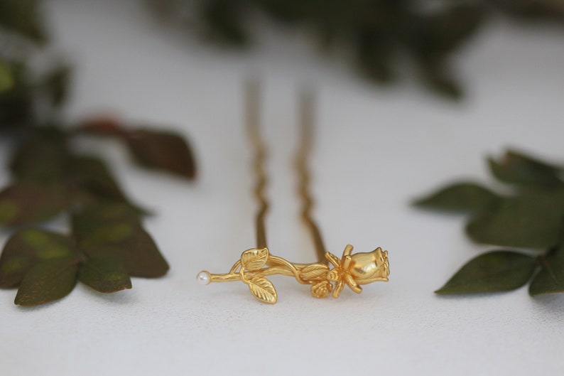 Small Peony Hair Prong Floral Flower Rose Gold Flowers Leaves Boho Floral Hair Accessory Nature Inspired Hair Fork Bridal Hair Pin image 2