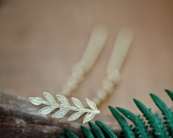 Tiny Leaf Hair Prong Gold Leaf Stick Rose gold Leaves Jewelry Twig Grecian Hair Accessory, Nature Inspired Leaves Branch Fork Silver Hair