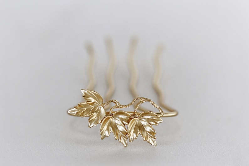 Triple Maple Leaves Hair Prong Leaf Jewelry Hair Accessory Gold Hair Goddess Clip Boho Hair Pin, Hair Bun Holder image 1