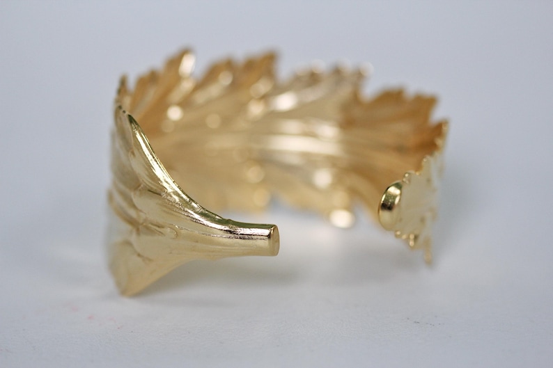 King Feather Bracelet, goddess jewellery, Wrap Leaf Bracelet, Bridal Statement Bracelet, Bridal Accessories, Giant gold Stem Branch Feather image 2