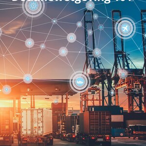 Op de afbeelding: Boekomslag met de titel "Douanewetgeving 101" in witte tekst. De achtergrond toont een haven met containers, kranen en vrachtwagens. Een netwerk van onderling verbonden knooppunten bedekt de scène, met de tekst "DOUANEWISE Deel 1" bovenaan en "D.K. Virtual Solutions" onderaan.