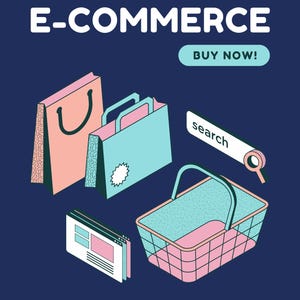 Op de afbeelding: Illustratie over e-commerce met boodschappentassen, een winkelmandje en een zoekbalk. De afbeelding bevat de tekst "E-COMMERCE" en "BUY NOW!" op een donkerblauwe achtergrond. De afbeelding bevat ook de tekst "DOUANEWISE Deel 12" en "D.K. Virtual Solutions."
