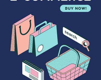 May include: Illustration about e-commerce with shopping bags, a shopping basket, and a search bar. The image includes the text "E-COMMERCE" and "BUY NOW!" on a dark blue background. The image also includes the text "DOUANEWISE Deel 12" and "D.K. Virtual Solutions."