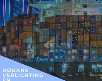 Può includere: Una nave portacontainer carica di container marittimi in un porto. L'immagine presenta il testo "DOUANEWISE Deel 10" e "DOUANE VERLICHTING EN TERUGBETALING". La nave è etichettata "HOUSTON".