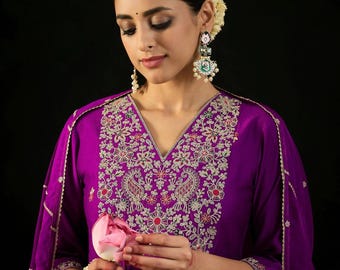 Purple Embroidered Kurta Pant Set: Silk Blend Dupatta