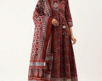 Maroon Cotton Anarkali Kurta Set: Gotta Patti Embroidery