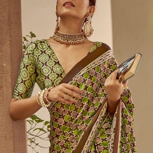 Green Printed Japan Satin Saree with Unstitched Blouse
