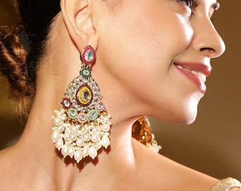 Exquisite Kundan Dangler Earrings with Multicolor Beads & Pearl Accents