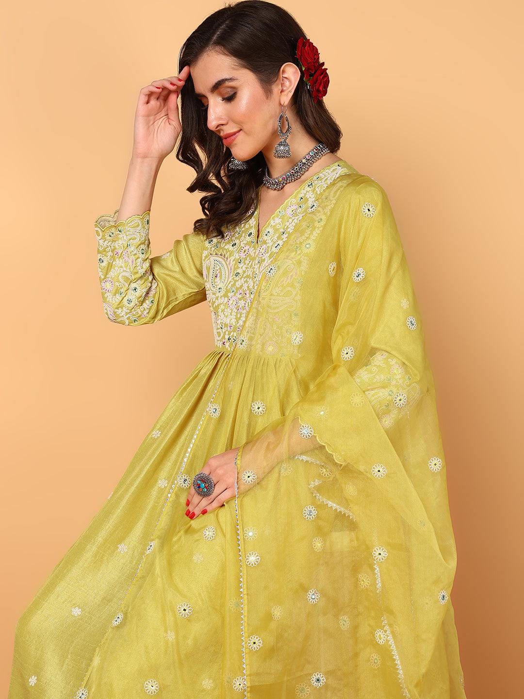 white christmas dresses Cotton White & Yellow Handbrush Suit Set with Chiffon Dupatta