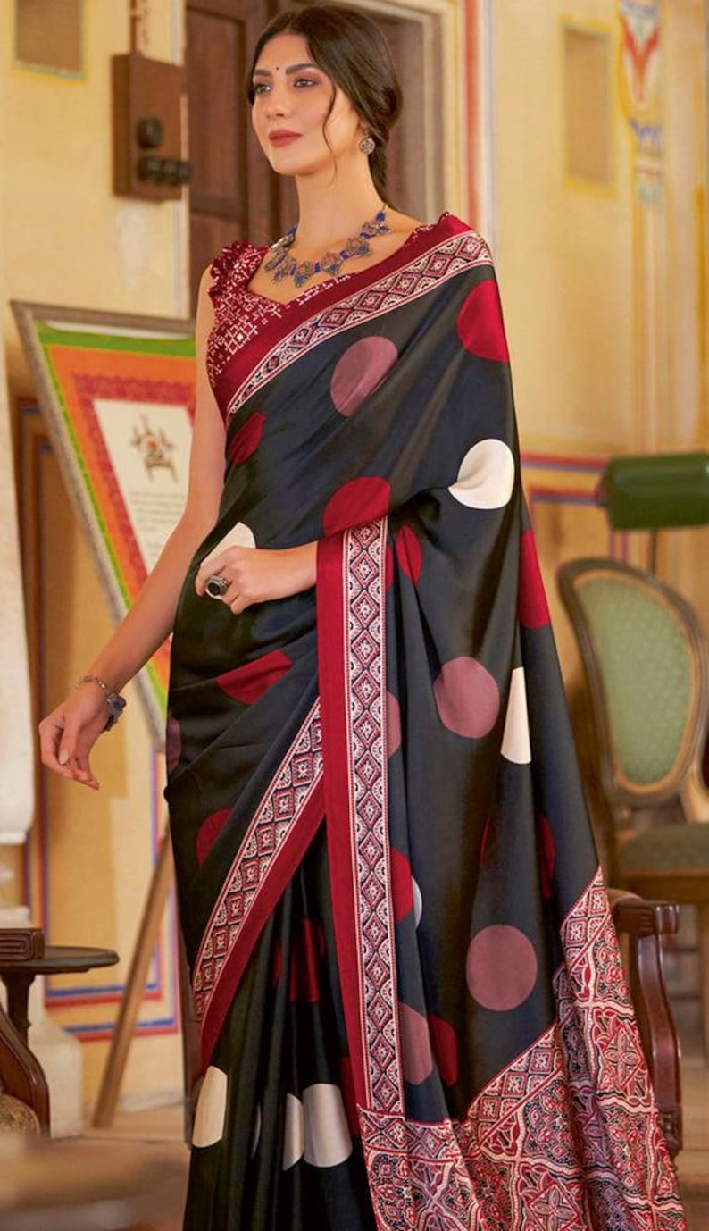 Red Readymade Crepe Ajrakh Silk Saree