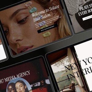 May include: A collection of digital screens displaying website interfaces. One screen features a woman with hair clips and the text "Welcome to Solace Hair Salon." Other screens showcase "Pilate Studio," "917 Media Agency," and "New York Interior" branding.