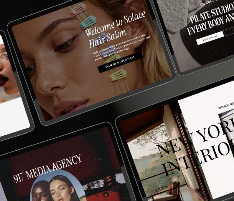 May include: A collection of digital screens displaying website interfaces. One screen features a woman with hair clips and the text "Welcome to Solace Hair Salon." Other screens showcase "Pilate Studio," "917 Media Agency," and "New York Interior" branding.