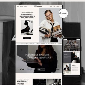Peut inclure: Conception de site web pour une agence axée sur le contenu pour les marques de luxe de commerce électronique. L'image présente un ordinateur portable, un smartphone et une femme avec des livres et un téléphone. Le site se concentre sur la beauté, la mode et le style de vie.