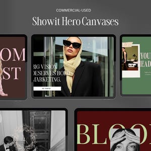 Puede incluir: Imagen promocional con múltiples pantallas digitales. Las pantallas muestran diseños con texto, incluyendo "Showit Hero Canvases", "Big Vision Deserves Bold Marketing" y "Your Imp Leader Go". La paleta de colores incluye negro, blanco, marrón y verde.