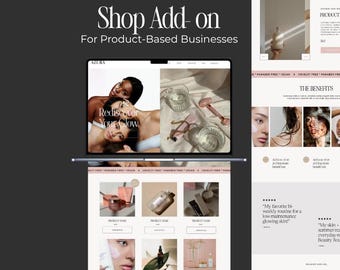 Può includere: Un modello di sito web digitale intitolato Shop Add-on For Product-Based Businesses, che mostra lo schermo di un portatile con la homepage del marchio Azura, incluse immagini di cura della pelle, griglie di prodotti, recensioni e un layout laterale.