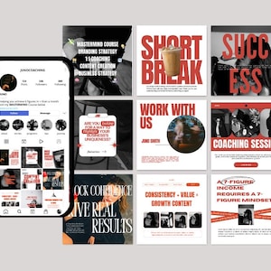 May include: A collage of nine Instagram posts promoting a business coaching programme. The posts feature text in red and black, including "Mastermind Course", "Short Break", "Success", "Work With Us", "Coaching Session", "Unlock Confidence", "Consistency - Value = Growth Content", and "A 7-Figure Income Requires a 7-Figure Mindset".