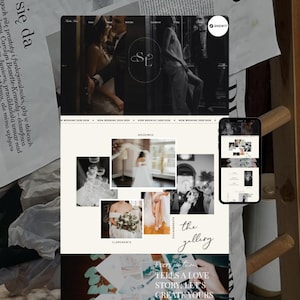 Pode incluir: Um design de site exibido em um laptop e um smartphone. O site apresenta fotografia de casamento com uma seção de galeria. O design inclui fotos em preto e branco e o texto "the gallery".