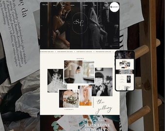May include: A website design displayed on a laptop and a smartphone. The website features wedding photography with a gallery section. The design includes black and white photos and the text "the gallery".
