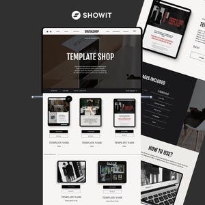 Op de afbeelding: Een website template design voor een digitale winkel, getoond op tablets en laptops. Het hoofdscherm toont "TEMPLATE SHOP" in grote tekst. Het ontwerp maakt gebruik van een zwart, wit en grijs kleurenschema. Het toont ook "HOW TO USE?"