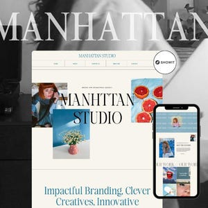 Può includere: Homepage del sito web di Manhattan Studio, un'agenzia di branding e marketing. Il sito web presenta una combinazione di colori blu e bianco con immagini di una donna, fiori e arance. Il testo "Impactful Branding, Clever Creatives, Innovative" è visualizzato nella parte inferiore della pagina.