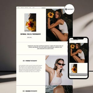 Pode incluir: Design de site com uma mulher segurando uma flor amarela, e o texto "EDITORIAL, TIMELESS. PHOTOGRAPHY". Um smartphone mostra o site. O site inclui conteúdo de fotografia de retrato e de marca.
