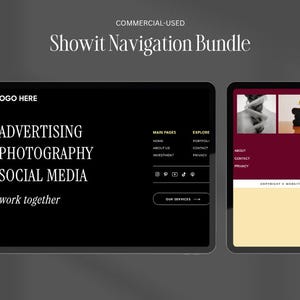May include: Two digital tablets displaying website navigation designs. The left tablet shows a black interface with white text: Advertising, Photography, Social Media. The right tablet features a burgundy and beige interface with image placeholders.