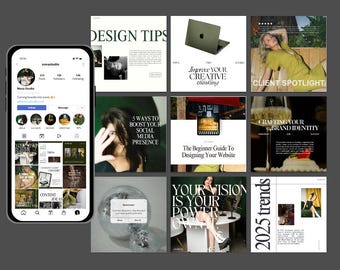 May include: A smartphone displays a social media profile with various design-related posts. The image showcases a grid of content, including design tips, website guides, and branding insights. The overall theme is centered around design and social media.