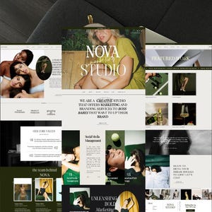 Puede incluir: Maqueta de diseño web con el texto "NOVA marketing STUDIO" y varias secciones que muestran servicios de branding y marketing. El diseño incorpora imágenes y texto, con una paleta de colores verde, blanco y negro.
