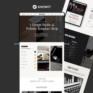 Könnte beinhalten: Eine digitale Website-Template-Shop-Oberfläche mit dem Showit-Logo, Navigationsmenüs und Abschnitten mit den Titeln A Design Studio & Website Template Shop, Shop All Templates und How To Use in einem klaren Schwarz-Weiß-Layout.