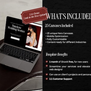 May include: A laptop displaying a website with the text "Timeless Wedding Stories" and an image of a woman. The right side of the image lists "What's Included" and "Template Benefits" with bullet points. A red tag says "Live Demo Link in the Description".