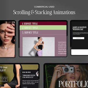 May include: A digital display showcasing website design elements. The image features multiple screens with text and images, including a portfolio, service titles, and a wedding day announcement. The overall theme is commercial design.