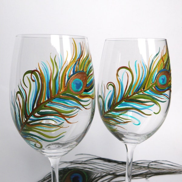Exquisite Peacock Feather Hand-Painted Wine Glasses - Elegance for Your Special Day! Perfect for Peacock Themed Weddings.