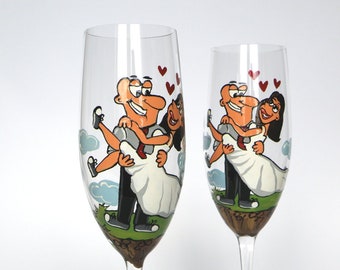 Personalized Love Toast: Custom Wedding Champagne Glasses in Your Hair Colors & Attire - Set of 2, a Unique Celebration of Your Special Day!