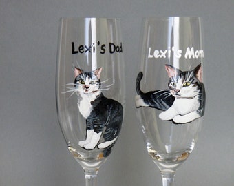 Celebrating Love : Two Champagne glasses, Painted with Cats, Sparkle in Romantic Bliss a Toast to Eternal Celebration and Endless Affection.