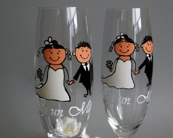 Celebratory  Hand-Painted Wedding Ceremony Champagne Flutes Adorned with a Delightful Cartoon of the Bride and Groom -  A Toast to Forever!