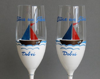 Sail Away Together: Hand-Painted Wedding Champagne Flutes - A Symbol of Your Love and Perfect for Toasting Your Journey Ahead!