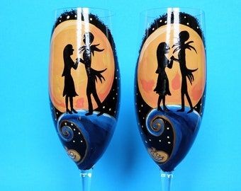 Jack and Sally Wedding Champagne Glasses, Hand-Painted Toasting Flutes, Nightmare Before Christmas Theme, Wedding Glass Set