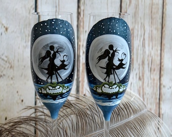 Indulge in Romantic Opulence with Exquisite Hand-Painted Jack and Sally Champagne Flutes Accompanied by the Silver Moon's Radiance.