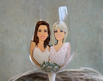 Two persons on Wine glass Wedding Portrait, Wedding Portraits, Couples Portrait, Mother and Bride, Portraits, Anniversary Gift, Wedding Gift