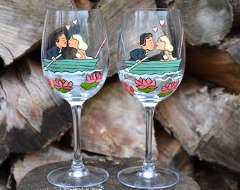 Hand painted Wedding Toasting Flutes Set of 2 Personalized Wine glasses Groom and Bride on Boat pink waterlilies around them