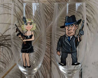 Gatsby's Revelry: Set of 2 Party Champagne glasses , Guns ,  and the Enigmatic Mafia Couple A Tale of Elegance, and Dark Secrets