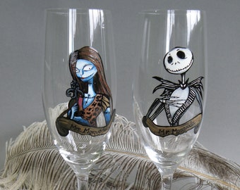 Jack and Sally Wedding Champagne Glasses. Gothic Elegance Crafted for Your Special Toast, Infusing Your Wedding Day with Timeless Love