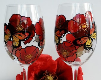 Hand painted wine glass- Red poppies and butterflies