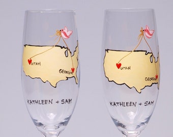 Custom Champagne Flutes Celebrating Long-Distance Love in Two States or Countries, a Toast to Forever and Beyond on Your Wedding Day.