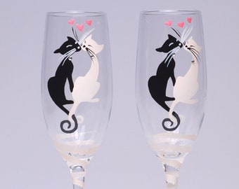 Cats in Love Sip - Swirl: Bespoke Hand-Painted Champagne Flutes, Black & White Cats, Tails Entwined in Forever's Dance, Creating Memories