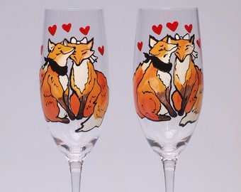 Personalized Modern Toasting Flutes Fox, Wedding Flutes, Custom Flutes, Gift for the Couple, Couples Gift