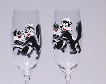 Charming Pepe Le Pew Wedding Flutes: Elegant Hand-painted Champagne Glasses, a Perfect Toast to Forever. Exquisite and Timeless!