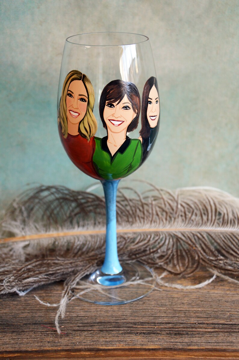 Three's persons on Wine glass Best Friends, Friendship Portraits, Couples Portrait, Mother and Dougthers Portraits Anniversary Birthday Gift image 2